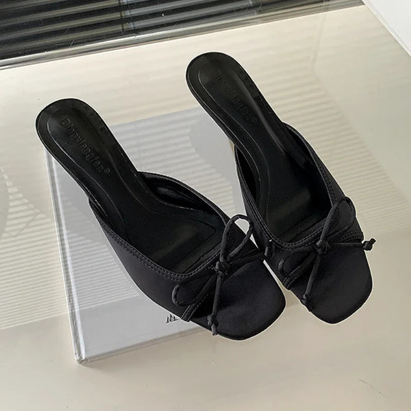 Fashion Kitten Heel Slippers for Women Satin Bow Concise Comfort Slides Female Summer New Low Heel Open Toe Mules Sandals Women 250109