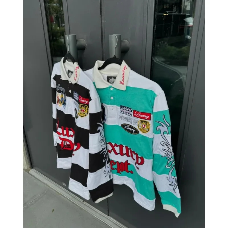 Hiphop striped personalized geometric pattern printed lapel longsleeved Tshirt men Y2K American skateboard sports couple tops 250106