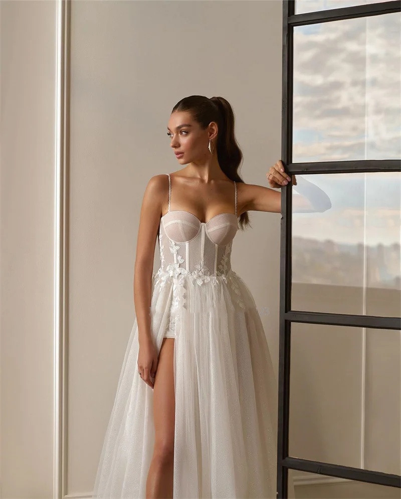 A-e Bridal Dress with Sequins and Appliques - Spaghetti Strap Sweetheart Neck Split Side Gown, Sweep Train, Customizable