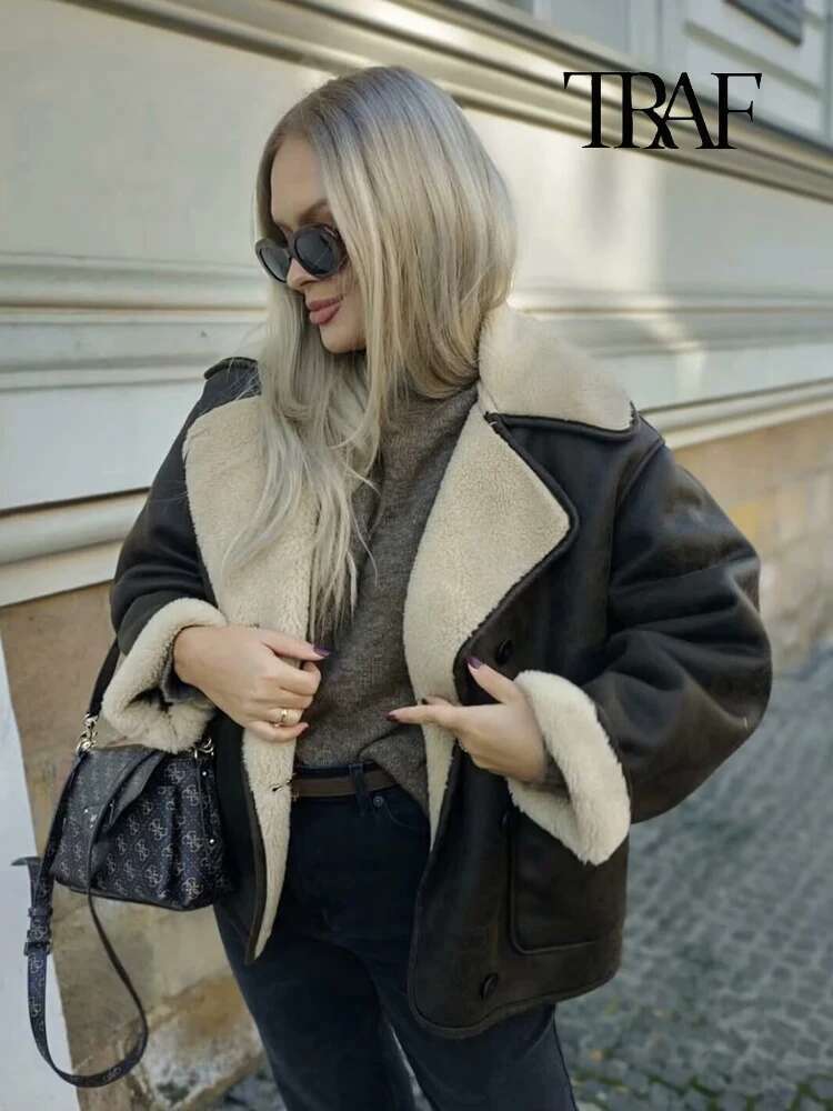 TRAF Women's Fashion Retro Khaki Faux Leather Warm Thickened Autumn And Winter Lapel Single Breasted Pocket Commuter Coat