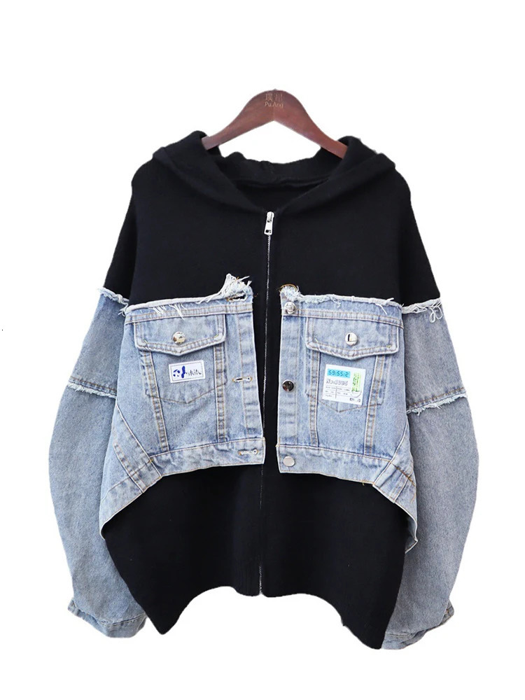 EWQ Denim Patchwork Cardigan Coat Women Long Sleeve Hooded Loose Letter Patch Sweater Jacket Autumn Winter 16U3893 250108
