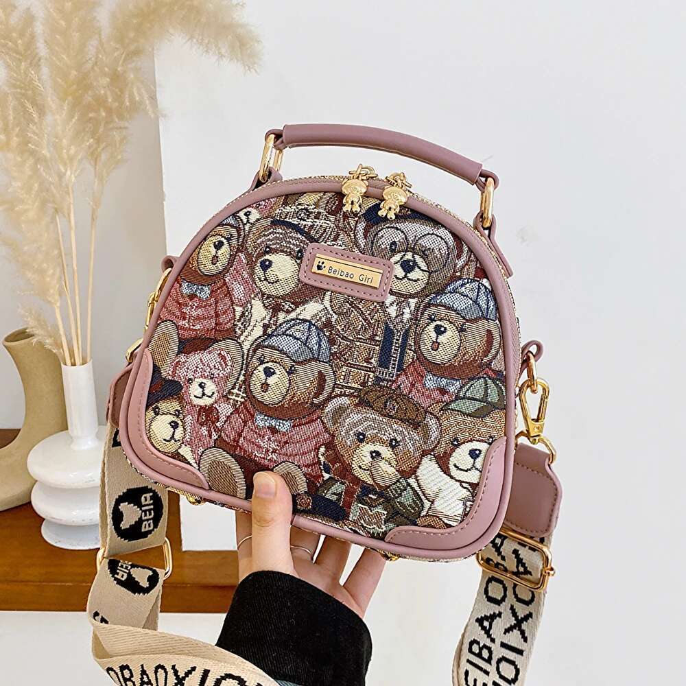 Lady Messenger Trend Crossbody For Girl Women's Shoulder Bag Circular 2023 Fashion Bear Jacquard Pattern Round Handbag