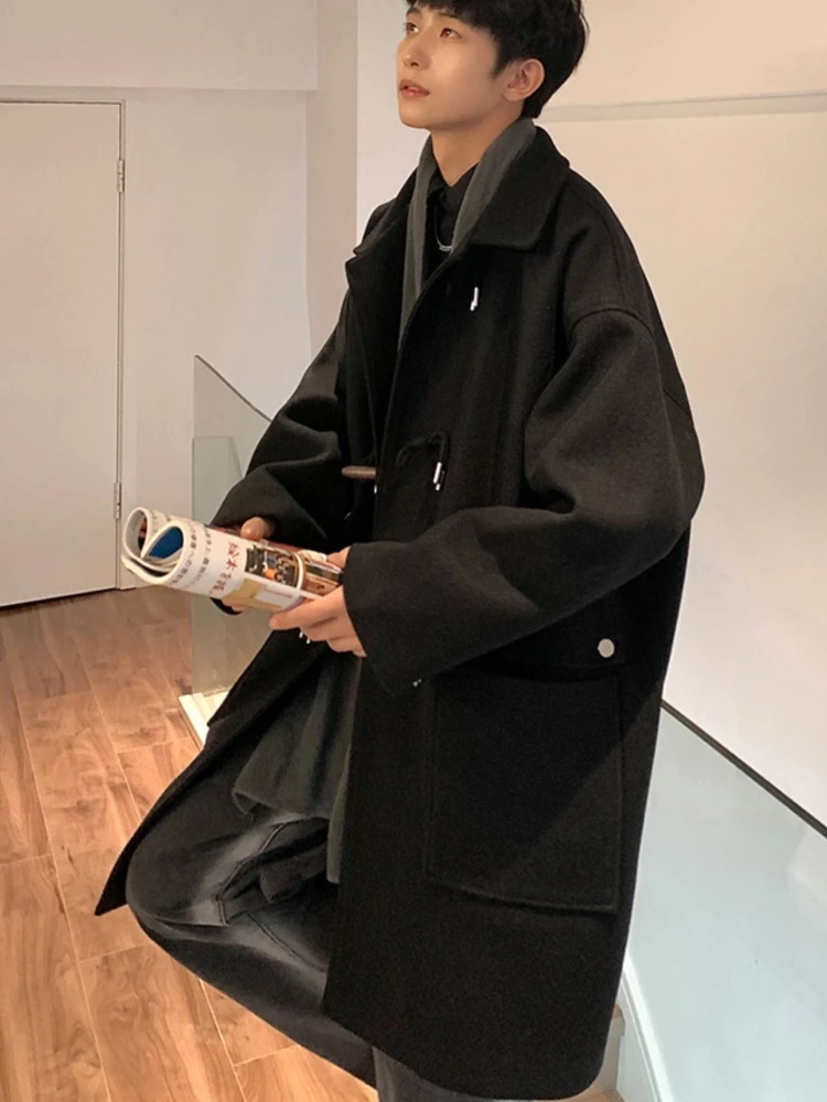 Autumn Blends Men Temperament Hong Kong Style Handsome Horn Button Streetwear Teens Couple Warm Slouchy Advanced Big Pockets 250106