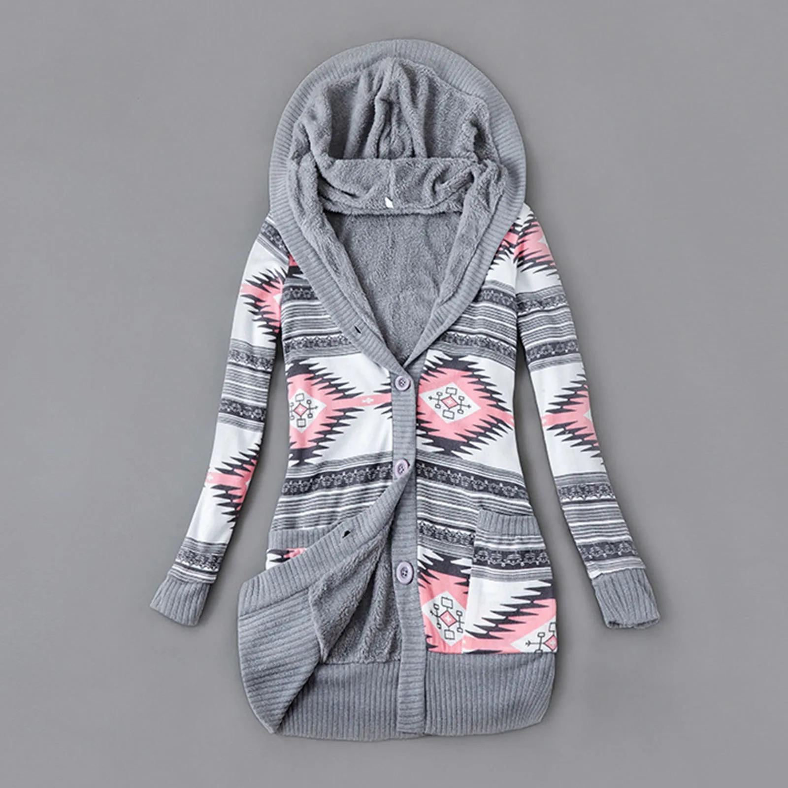 Women Cardigan Striped Print Long Sleeve Sweater Coat Buttons Closure Hooded Plush Lining Sweater Outerwear For Autumn Winter 250106