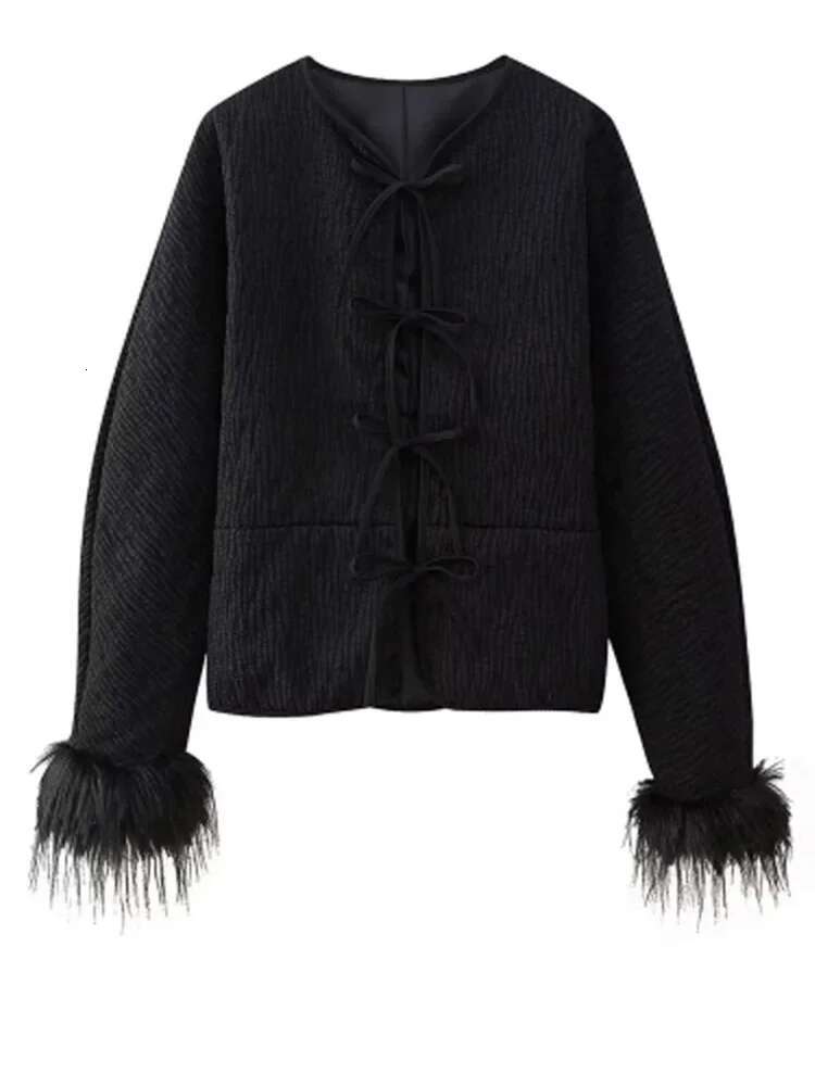 Fashion Solid Loose Spliced Feather Cuffs Lace Up Cotton Coat Streetwear O Neck Long Sleeves Jacket 2024 Autumn Winter Jackets