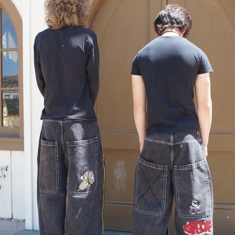 Y2K Goth Men Women Fashion Hip Hop Wideleg Jeans Retro American High Street Embroidered Black Baggy Patchwork Denim Pants 241226