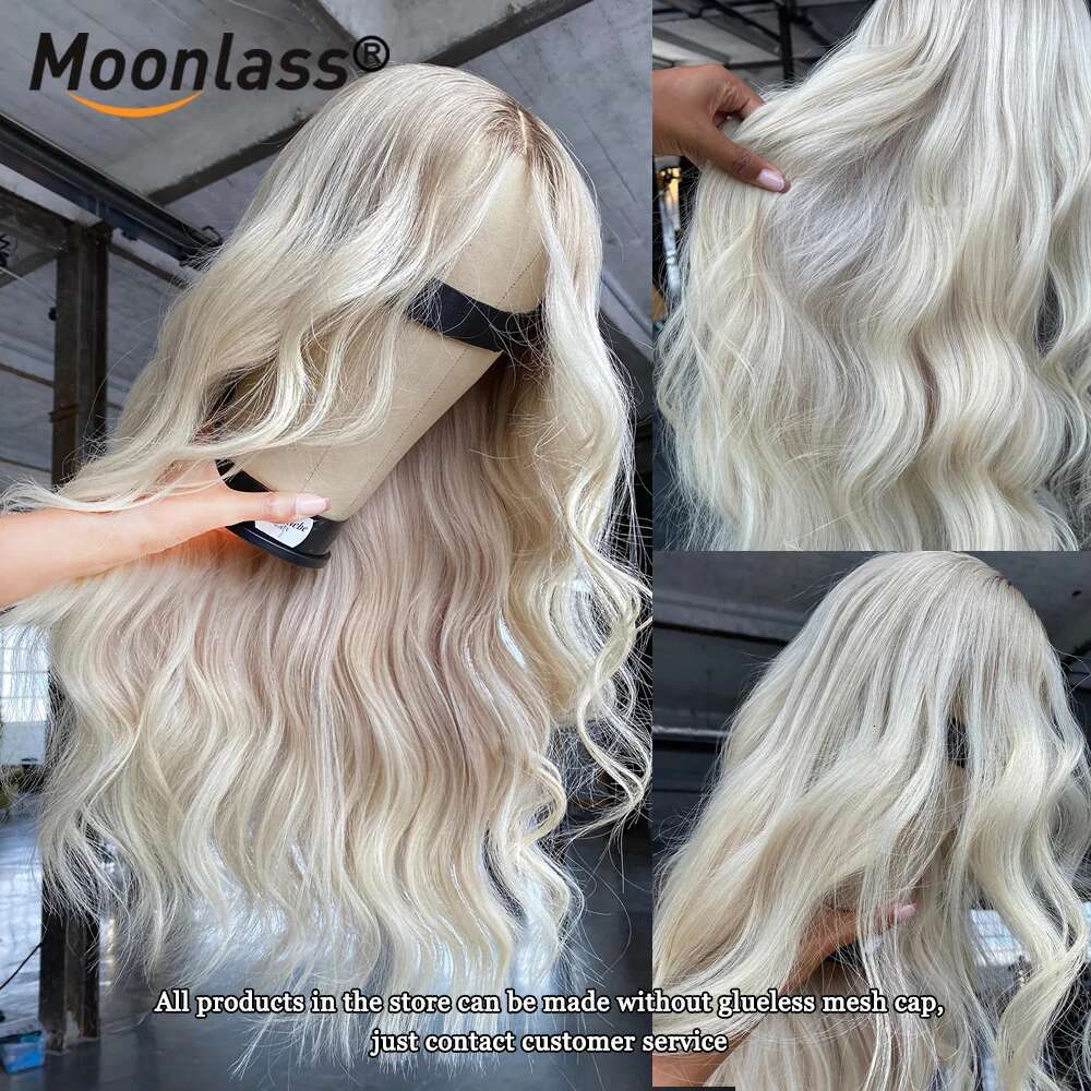 Moonlass Christmas Platinum Blonde With Dark Roots Body Wave 100% Real Human Hair 210% Density Pre Cut Ready To Wear Wig
