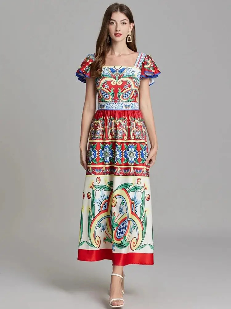 Women Square Collar Flying Sleeve Elegant Backless Long Dress Summer Rumway Fashion Flower Print High Waist Beach Party Vestidos 250106