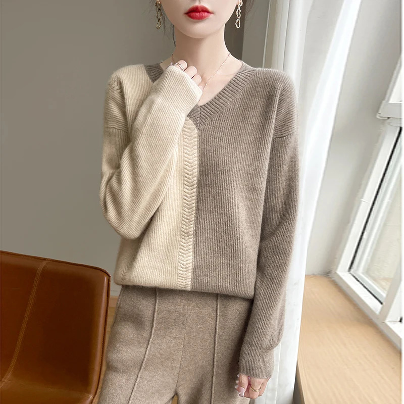 Autumn and Winter Womens Vneck ColorBlock Sweater Comfortable Warm 100% Pure Wool Loose Pullover Top 250108