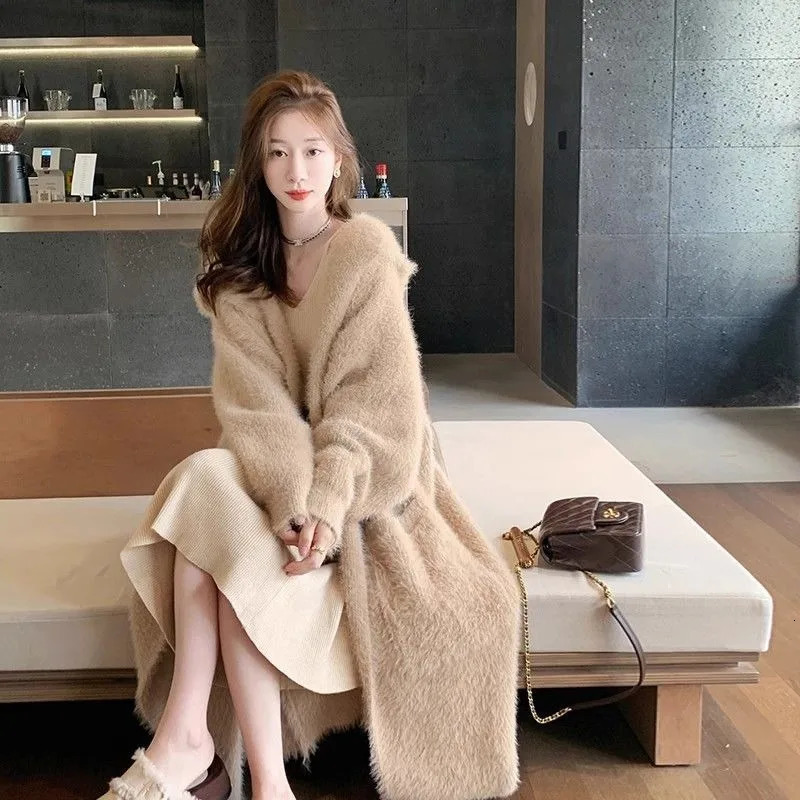 Thick hooded knitted cardigan jacket for sweater autumn and winter womens gentle lazy style knee length coat 250108