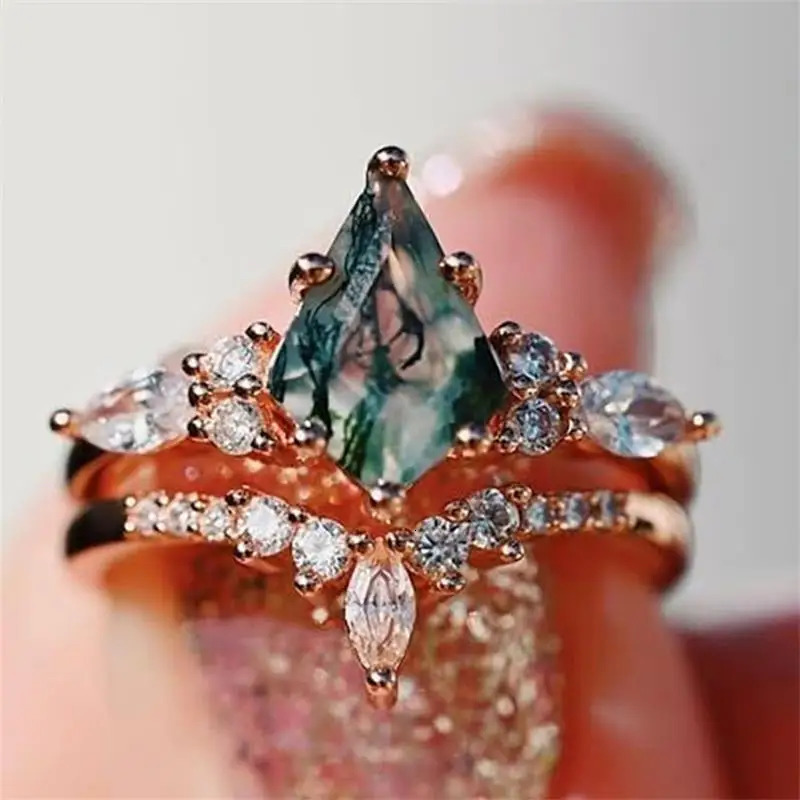 jewelry natural green moss stone agate high quality womens twopiece wedding ring set 250109