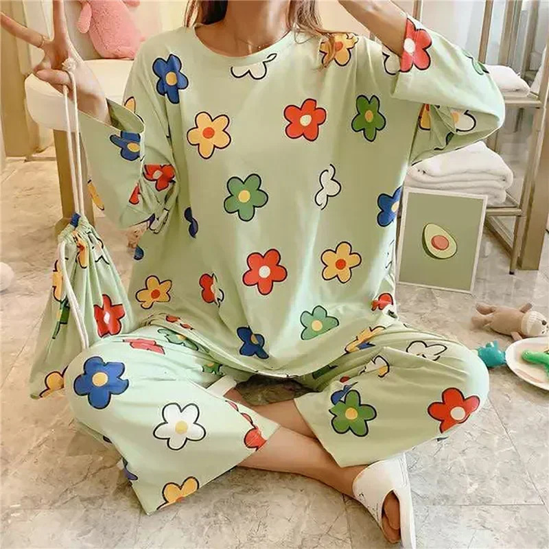 Spring Sleepwear Sets Set Pajama Cow Cartoon Long Sleeve Print Cute Women Twopieces Underwear 250106