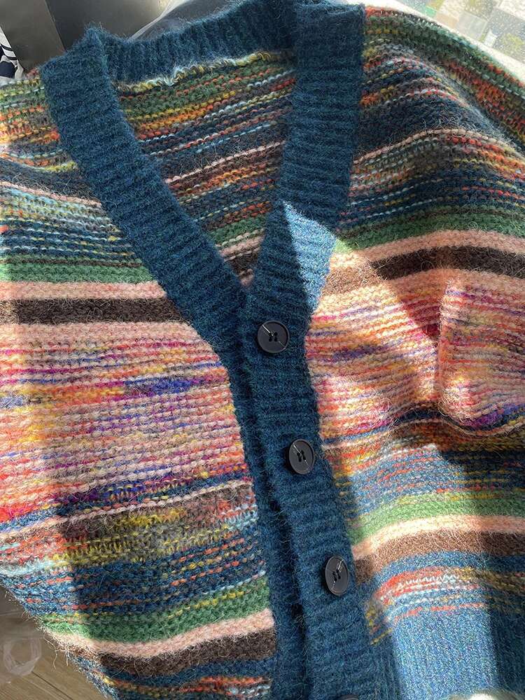 Multicolor Striped Cardigan 2024 Colorful Sweater Winter Fall Y2k Jumper Women Clothes
