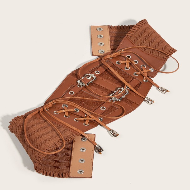 Ladies' Vintage Fashion Belt Wrap - Adjustable Lace Up Leather Bodice with Ornate Metal Buckles