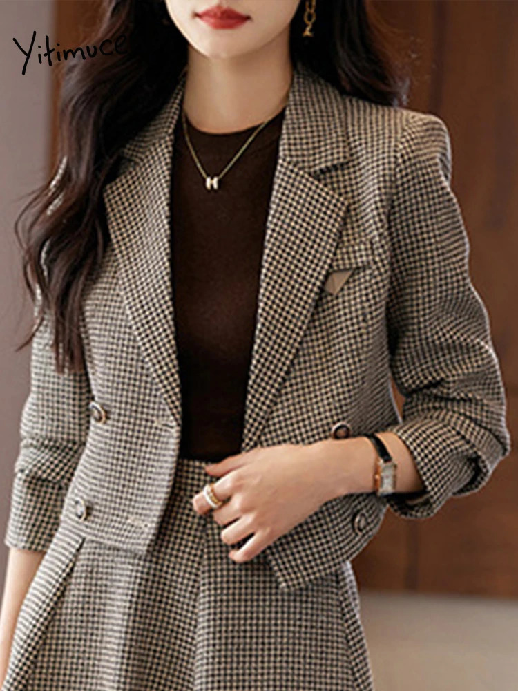 Yitimuceng Fashion Office Women Half Skirt Two Piece Set Long Sleeve Slim Fit Double Breasted 250106