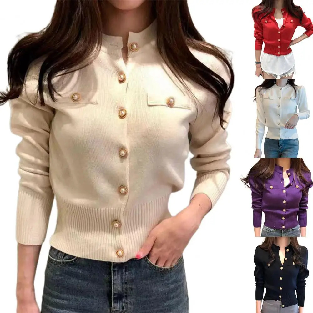 Women Cardigan Sweater Decorative Pockets Faux Pearl Buttons Knitted Coat Short Single Breasted Korean Slim Chic Ladies Tops 250106