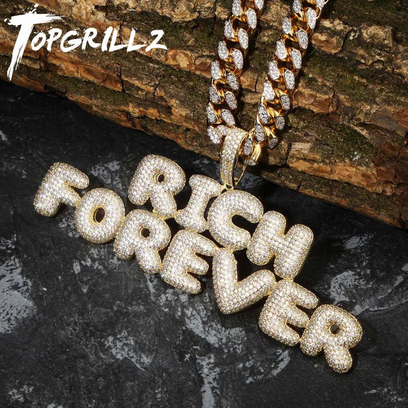 TOPGRILLZ Custom Name Bubble Letters Pendant Necklace Hip Hop Mens Personalized Jewelry Gold Silver Charm Chains Gifts 250109