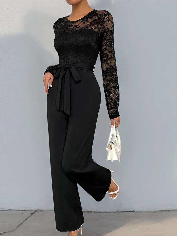 Deioao Round Neck Chic Lace Black Jumpsuit Women Elegant Summer Party Club Rompers Female Solid High Waist Straight Long Pants