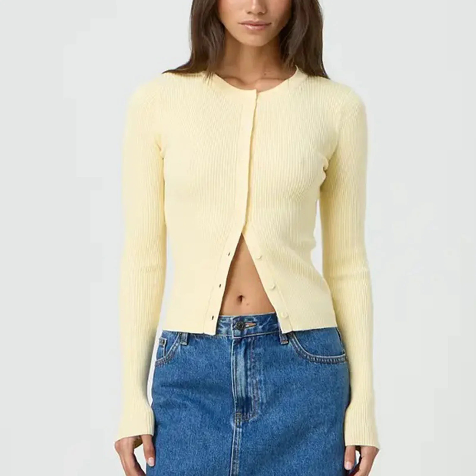 Women Autumn Winter Cardigan Long Sleeve Round Neck Button Up Ribbed Knitwear Slim Sweater 250108