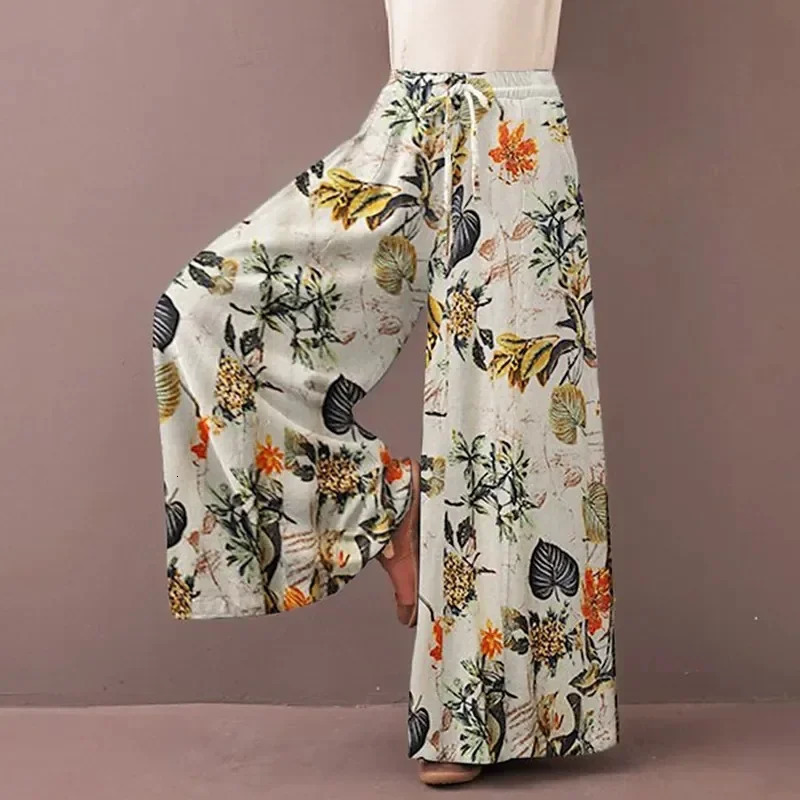 Floral Print Wide Leg Women Pants Spring Drawstring Bohemia Trousers Lady Casual Loose Elastic Waist Pantalonsw Plus Size 250108