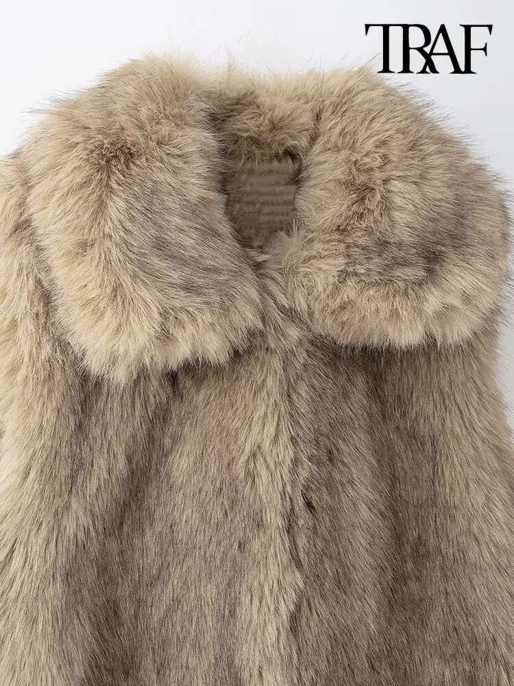 Traf-Women's Thick Warm Faux Fur Waistcoat, Sleeveless, Lapel Collar, Front Hook, Female Outerwear, Chic Vest Tops, Fashion