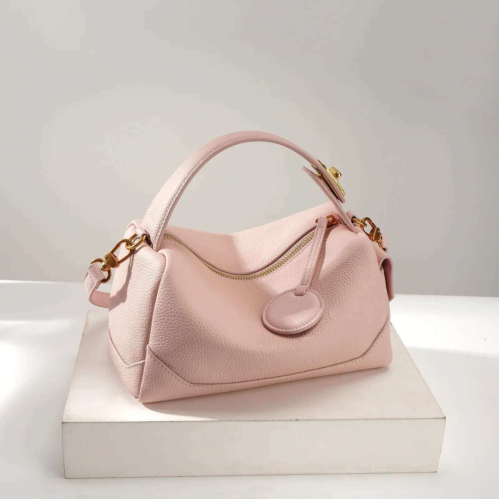 2025 Genuine Leather Women Boston Female Small Shoulder Bags Designer Pillow Handbags Versatile Messenger Bag Pink