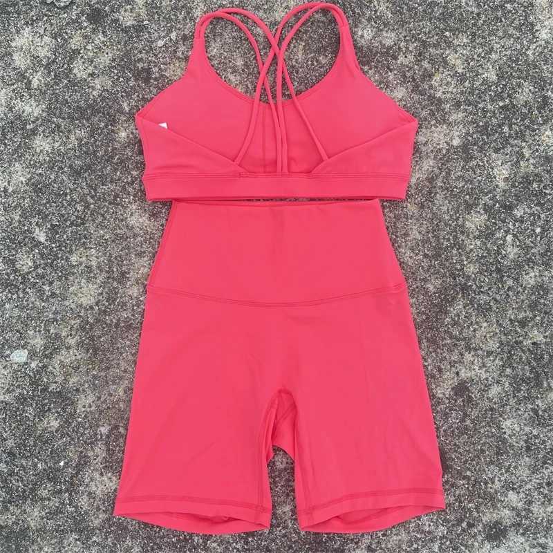 Solid color Women cross shoulder straps fitness Bra Top +Cycling Short 2 pc Gym Yoga short Leggings Set Soft Athletic sportwearXJ250109