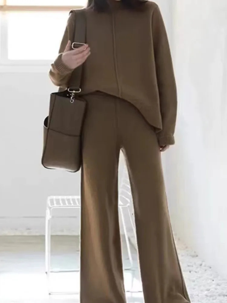 Elegant Knitted Two Piece Sets Womens Casual Oneck Knit Pullovers Loose Pants Female Suits Autumn Winter Fashion Lady Outfits 250106