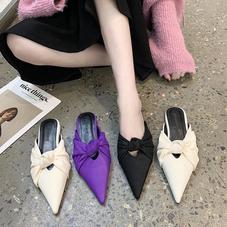 Women Slippers Fashion Bow Design Pointed Toe Trendy hot Versatile Triple Black Beige Purple Free shipping