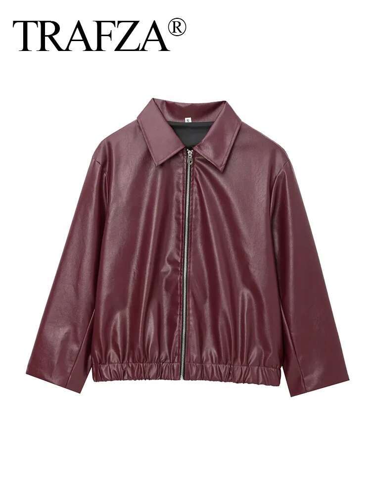 TRAFZA Women Fashion Bury Faux Leather Jackets Casual Lapel Long Sleeves Coat Zipper Autumn Female High Street Outerwear