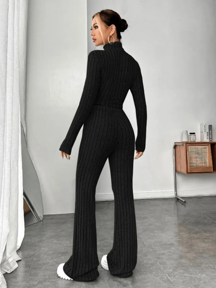 WomenS Stand Collar Knit Striped Long Sleeve TShirt And Pants Two Piece Set 250106