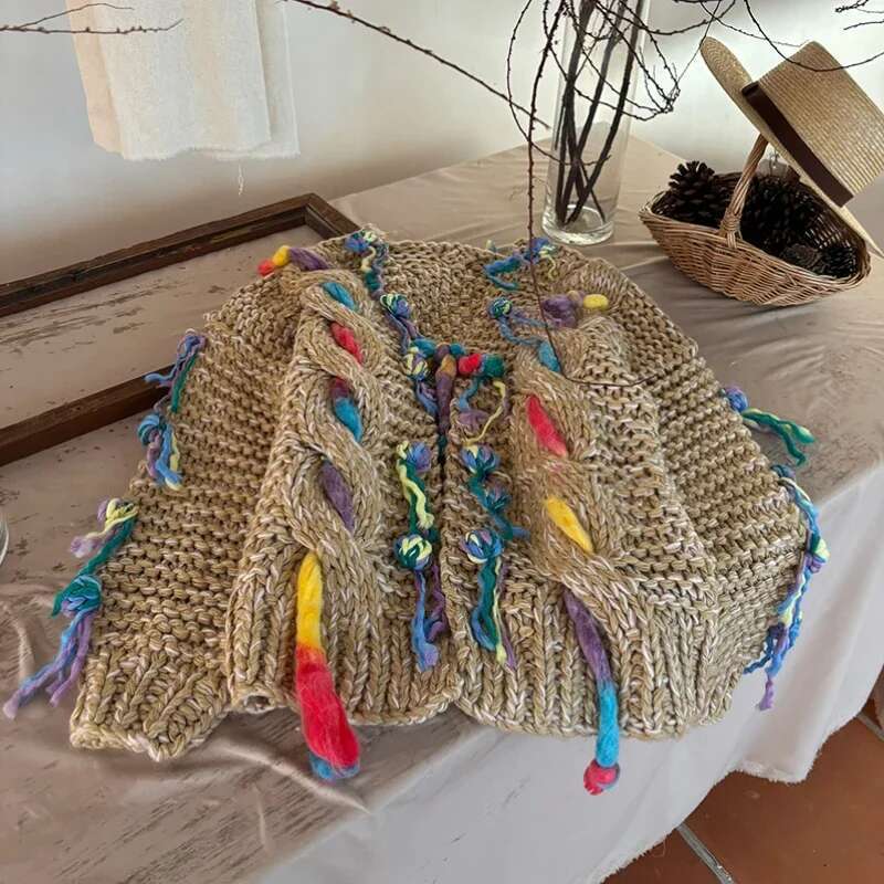 Unique Handcrafted Colorful Fringe Cable Cardigan Sweater Coat For Women Artistic Vintage Handmade Chunky Knit Jumper
