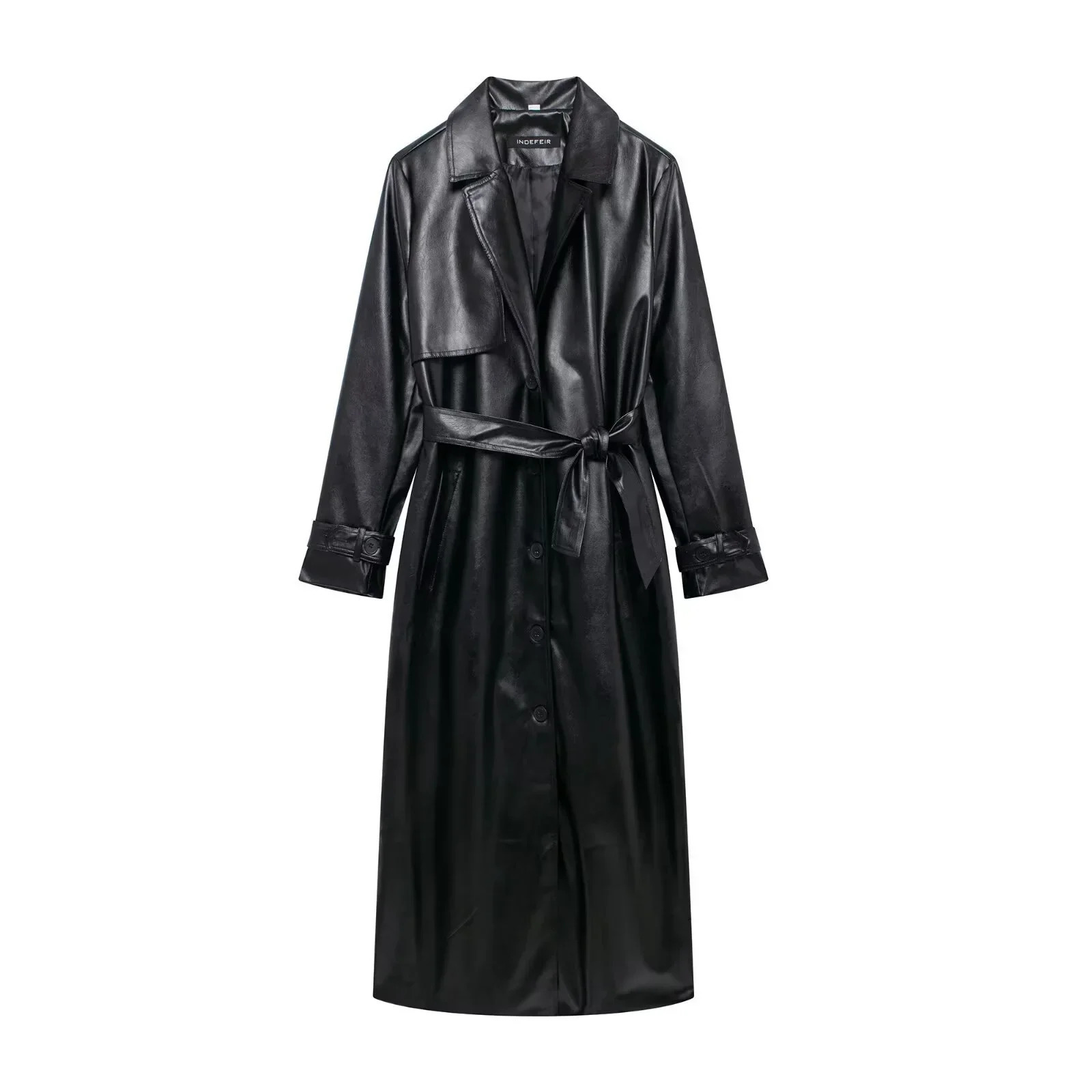 2024 Women Fashion with Belt Long Style Single Breasted Faux Leather Coat Vintage Sleeve Pockets Female Outerwears 250103