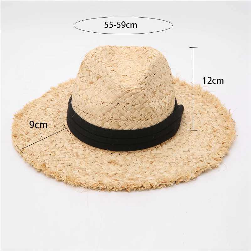 2021 New Raffia Hat Panama Straw Hat Summer Black Ribbon Wenmen Wide Brim Beach Sun Hat UV Protective Jazz Fe Hat X250109