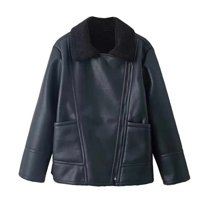 Autumn Winter Women Warm Black Zipper Faux Leather Jacket Coat Loose Turn Down Collar Thickness Overcoat Female Outwear 250103