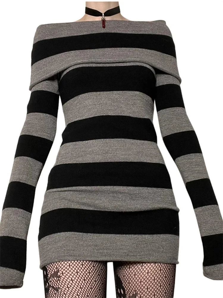 Women Autumn Dress Striped BoatNeck Long Sleeve Bodycon Short Y2K Gothic Wrapped Hip Party Dresses 250106
