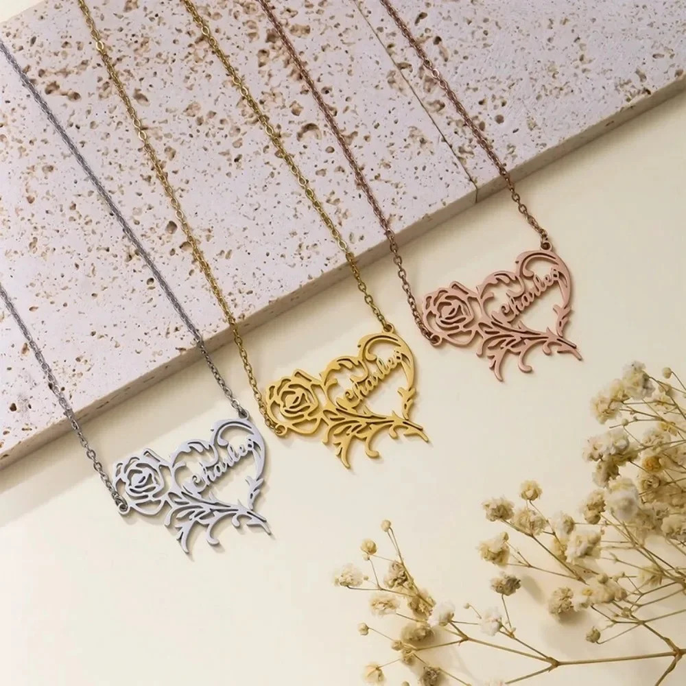 Custom Name Love Heart Rose Necklaces for Women Stainless Steel Jewelry Personalized Letter Pendant Choker Valentines Day Gifts 250109