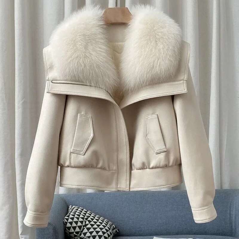 Leather Mink Fur Collar Winter Women White Duck Down Jacket Ladies Vintage Short Warm Puffer Coat Female Parka Outerwear