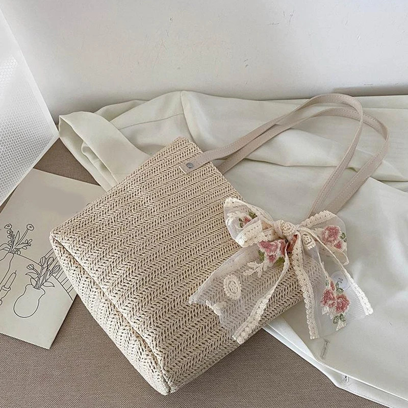 Straw Woven Large Capacity Hand Held Shoulder Bag Silk Scarf Tote 250107