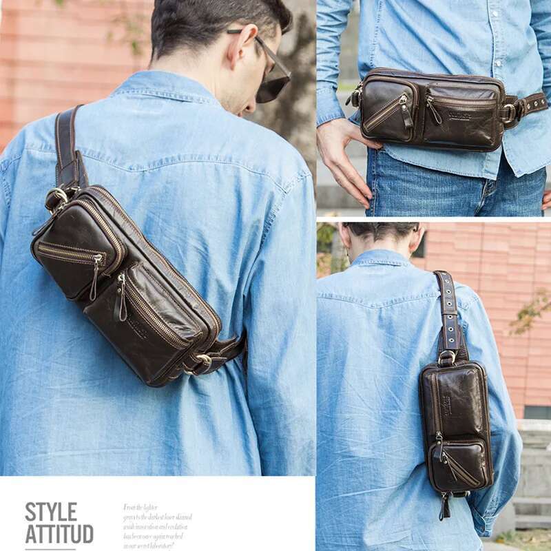 Contact's Genuine Leather Men's Belt New Small Fanny Pack Top Quality Male Waist Bag For Cell Phone Travel Chest Bags Man