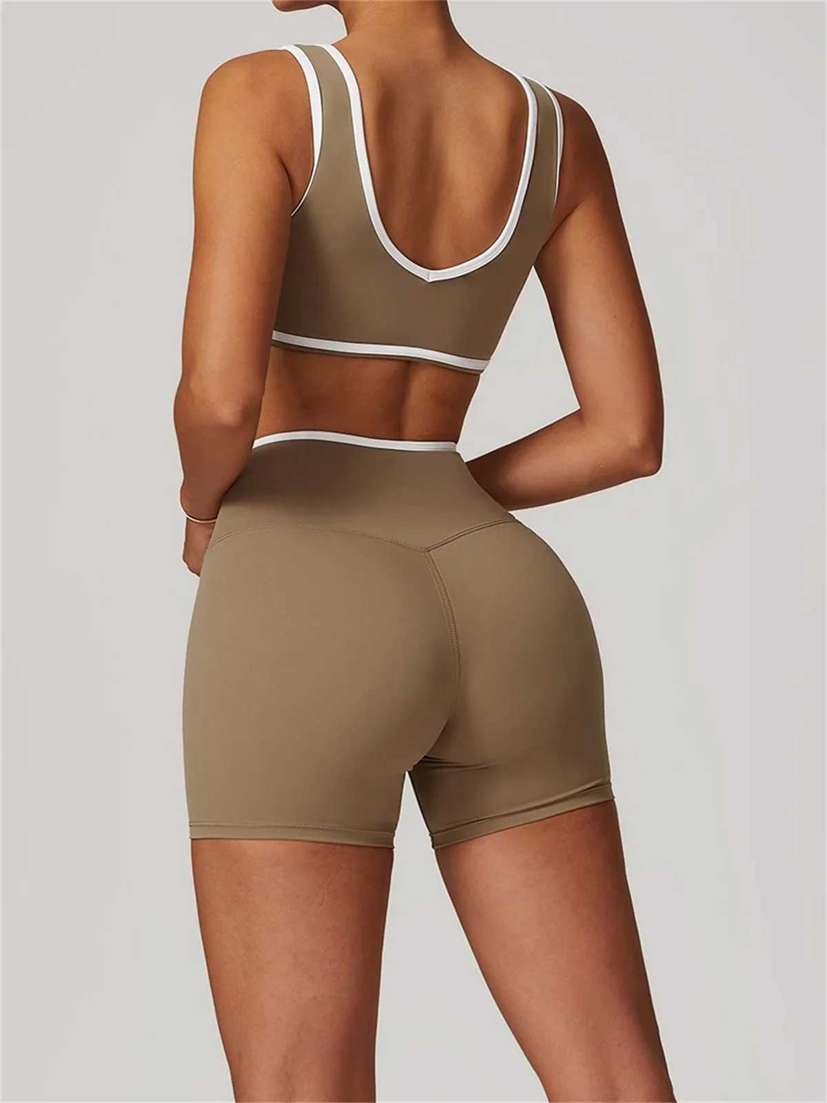 Scrunch Yoga Short Set Women Pink Contrast Padded Bra Crop Top Cross High Waist Sports Pants Fitness Gym Suit TracksuitXJ250109
