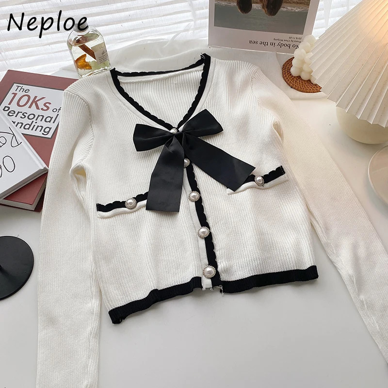 Neploe Vneck Bowknot Decoration Sweet Woman Sweaters Autumn Korean Style Short Knitted Cardigans Pearl Button Knit Tops 250108