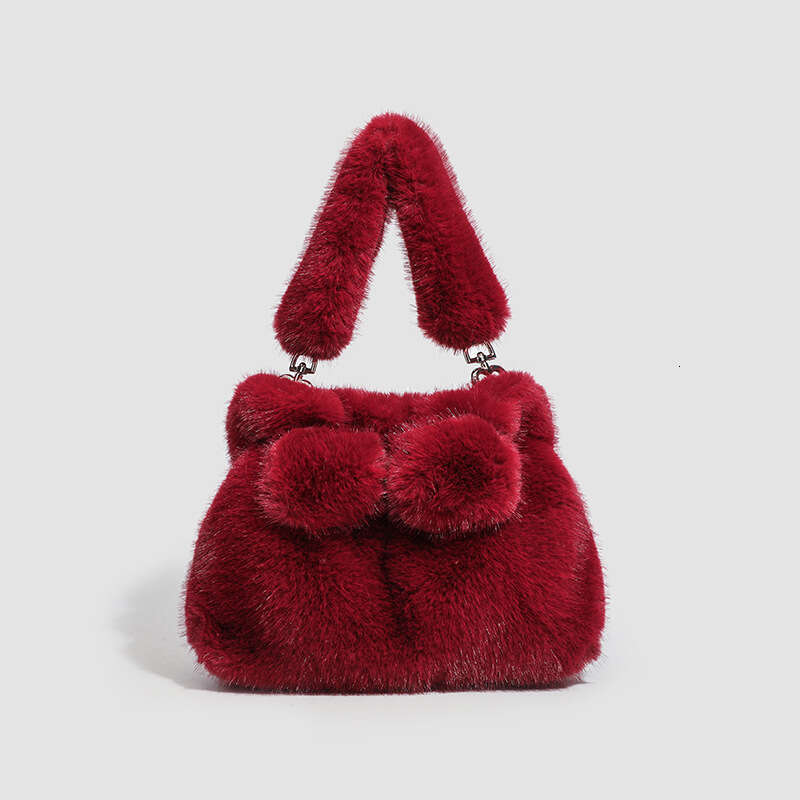 new plush handbag bow imitation mink fur furry autumn and winter ladylike high-end crossbody bag