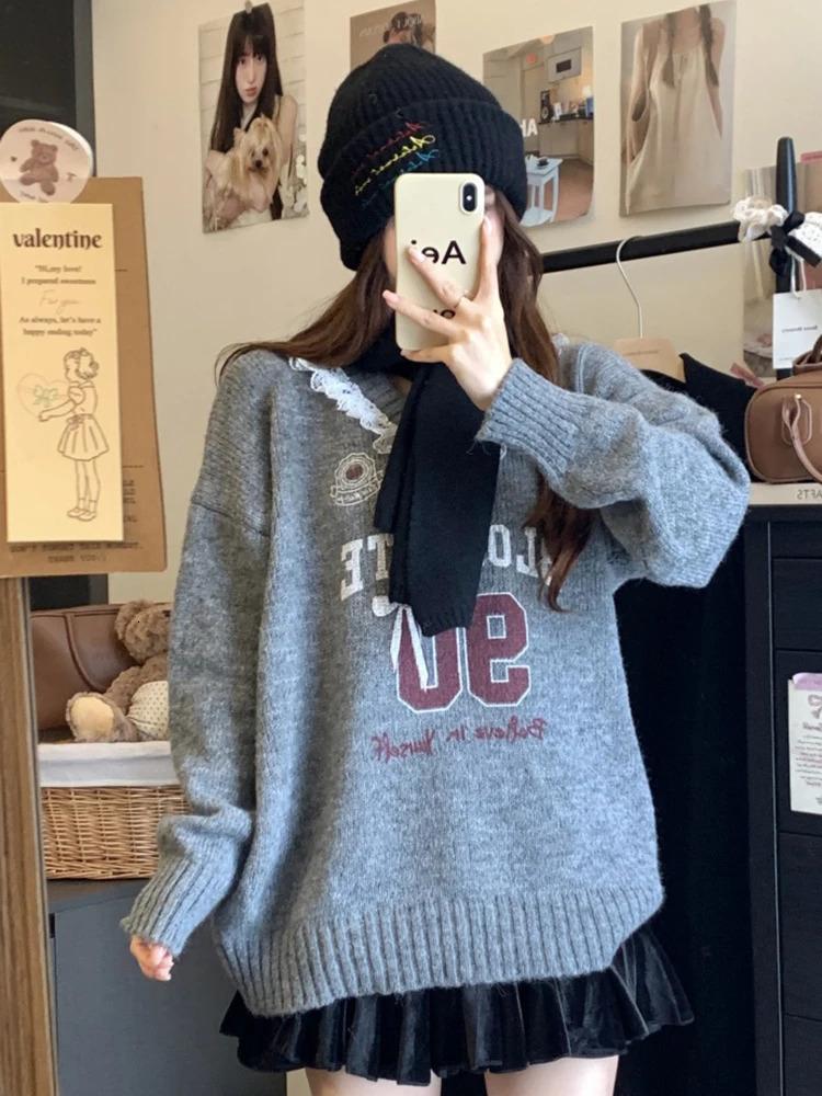 Zoki Lace Patchwork Sweet Sweaters Women Cute Letter Loose Knitted Pullovers Casual Long Sleeve Lazy Wind Elegant Retro Tops 250108