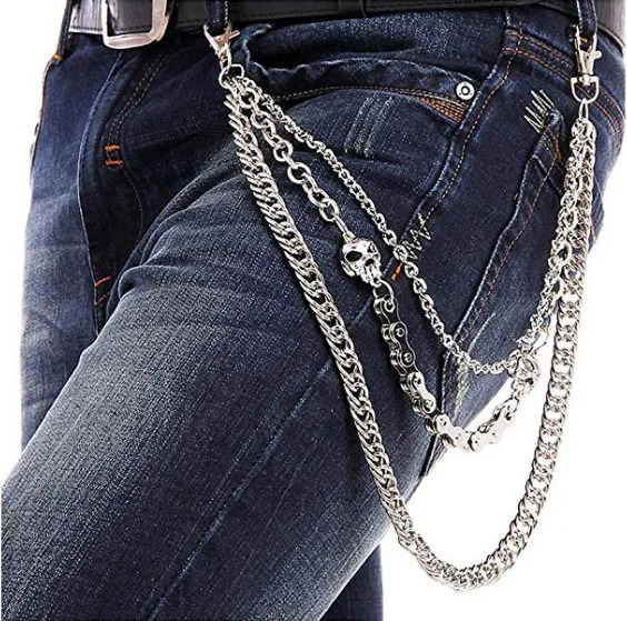 Mens Hip Top Punk Rock Jeans Pants Trousers Wallet Waist Chain Mens Skull Ghost Head Metal Chains Two Strands Biker Keychain 250107