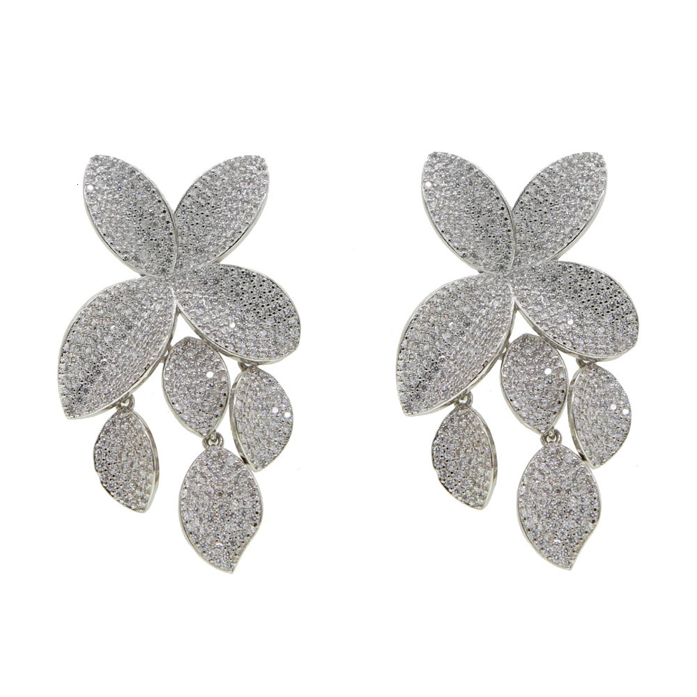 2025 Summer Fashion Ice Sparkling Cz Large Flower Leaf Pendant Earrings Suitable for High Quality Wedding Jewelry for Women 250109