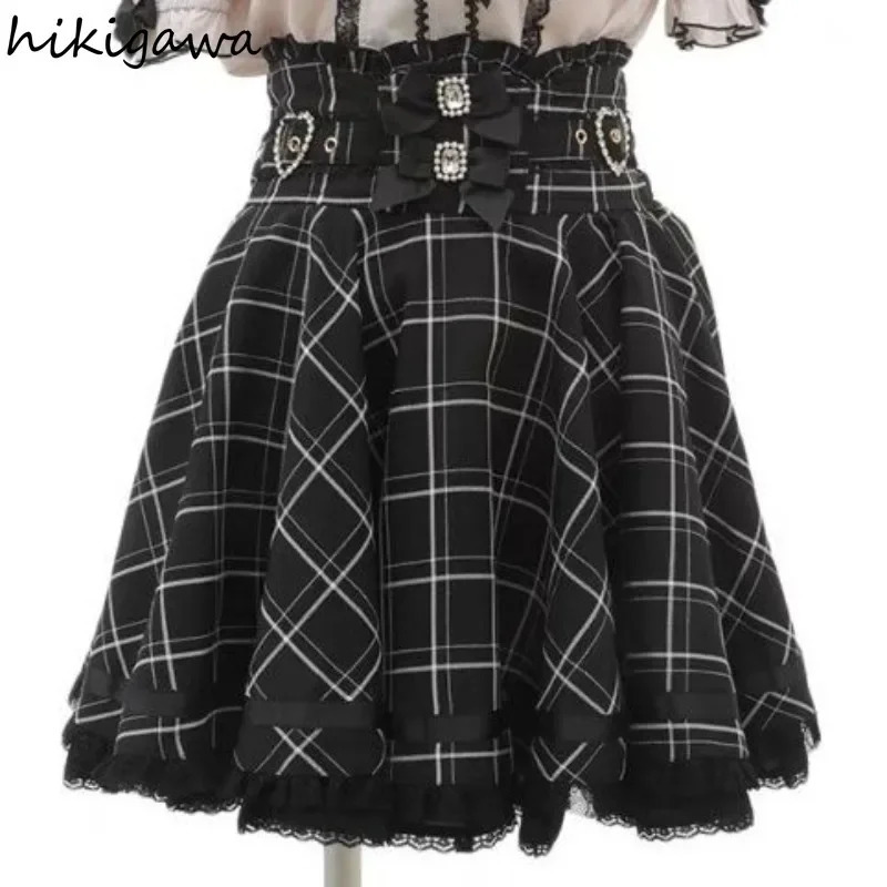 Faldas Mujer De Moda Japanese Women Skirts Patchwork Lace Bow Jupe Plaid Summer Saia High Waist Aline Fashion Y2k Skirt 250106