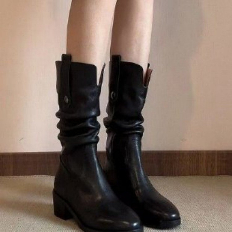 Retro Western Cowboy Boots Autumn/Winter New Round Head Thick Heel Stacked Boots Long Leg Knight Boots British Style Boots