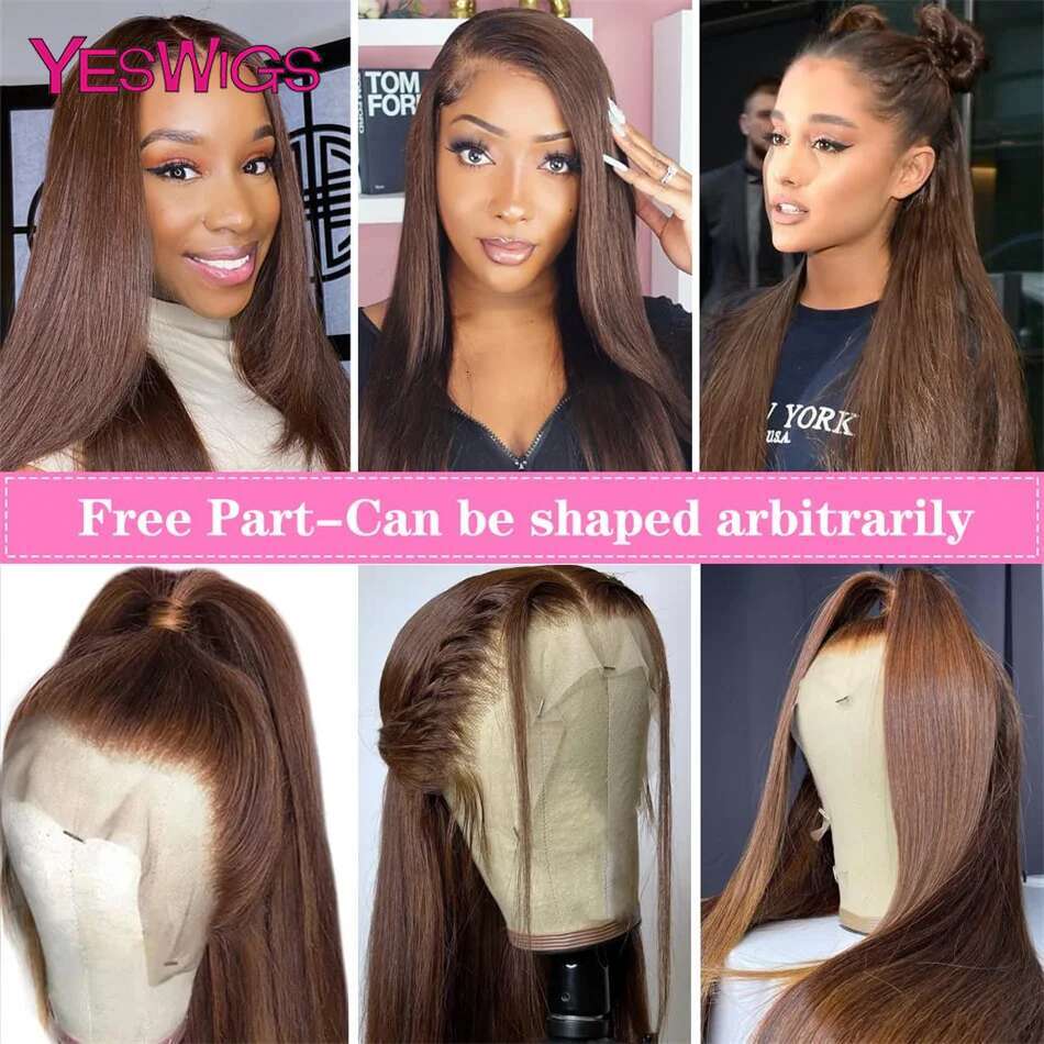 HD 13X6 Chocolate Brown Front 30 34 Inch Straight Lace Frontal Wig 100% Pre Plucked Colored Human Hair Wigs