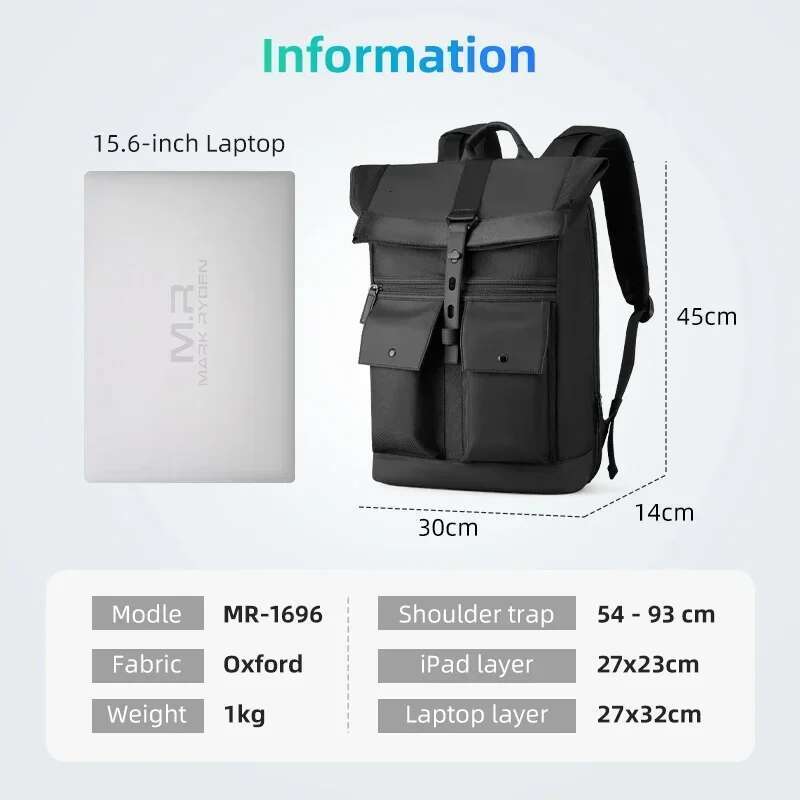 MARK RYDEN Black 15.6Inch Laptop Multifunctional Waterproof Backpack Daily Travel Bag Casual School Rucksack